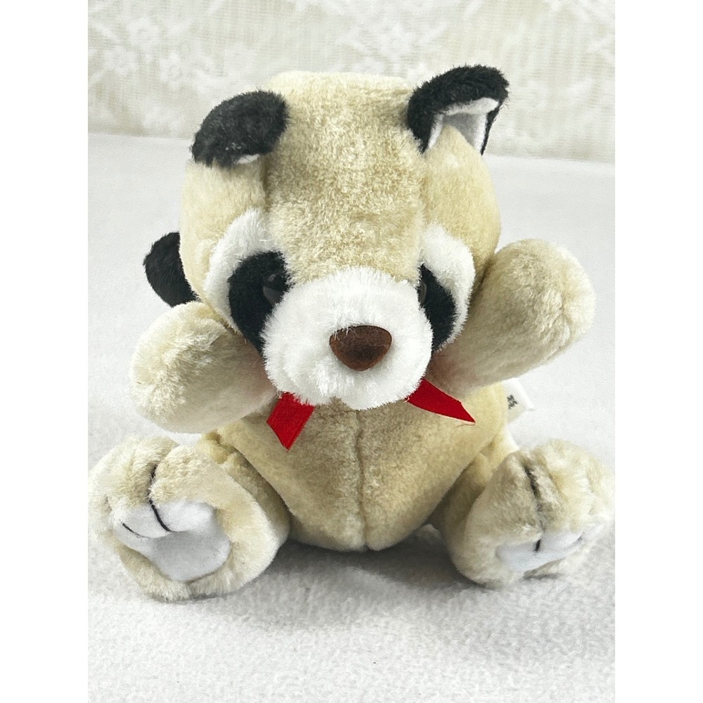 Tony Toy Raccoon Plush Stuffed Animal‎ Tan Black White Red Bow PQ101 7 Inch
